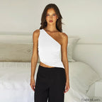 One Shoulder Solid Color Lace Up Irregular Short Crop Top white / S