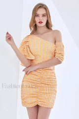 One Shoulder Stylish Asymmetric Check Dress