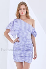 One Shoulder Stylish Asymmetric Check Dress XS / Lilac