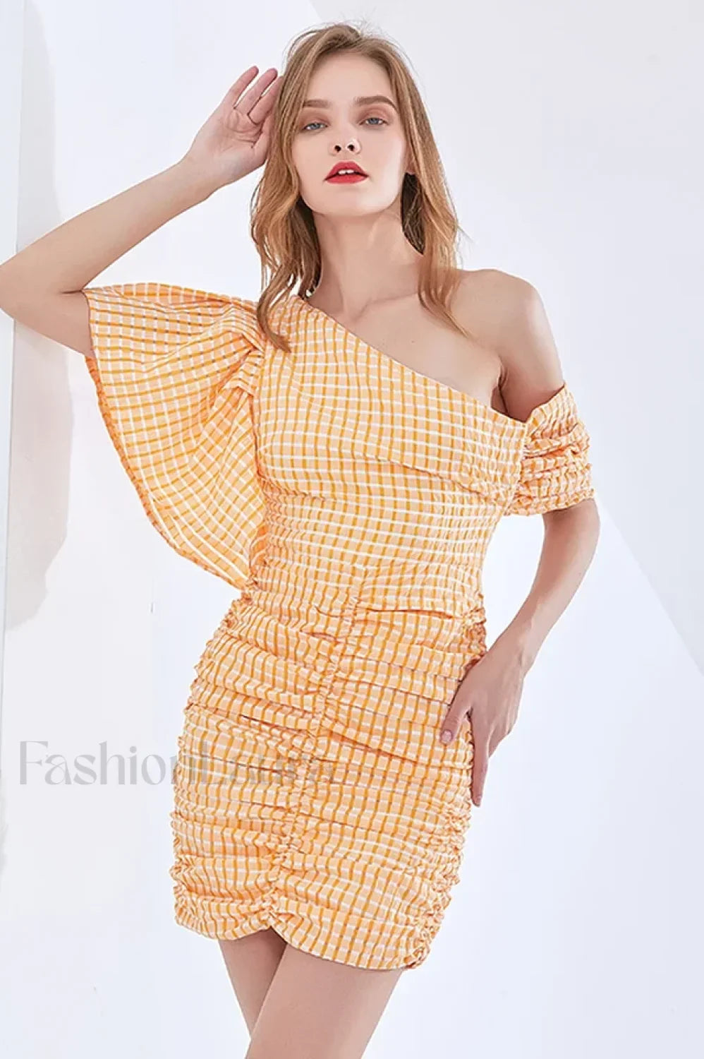 One Shoulder Stylish Asymmetric Check Dress XS / Yellow