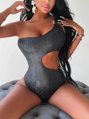 One Shoulder Trikini High Cut One Piece Snake / S