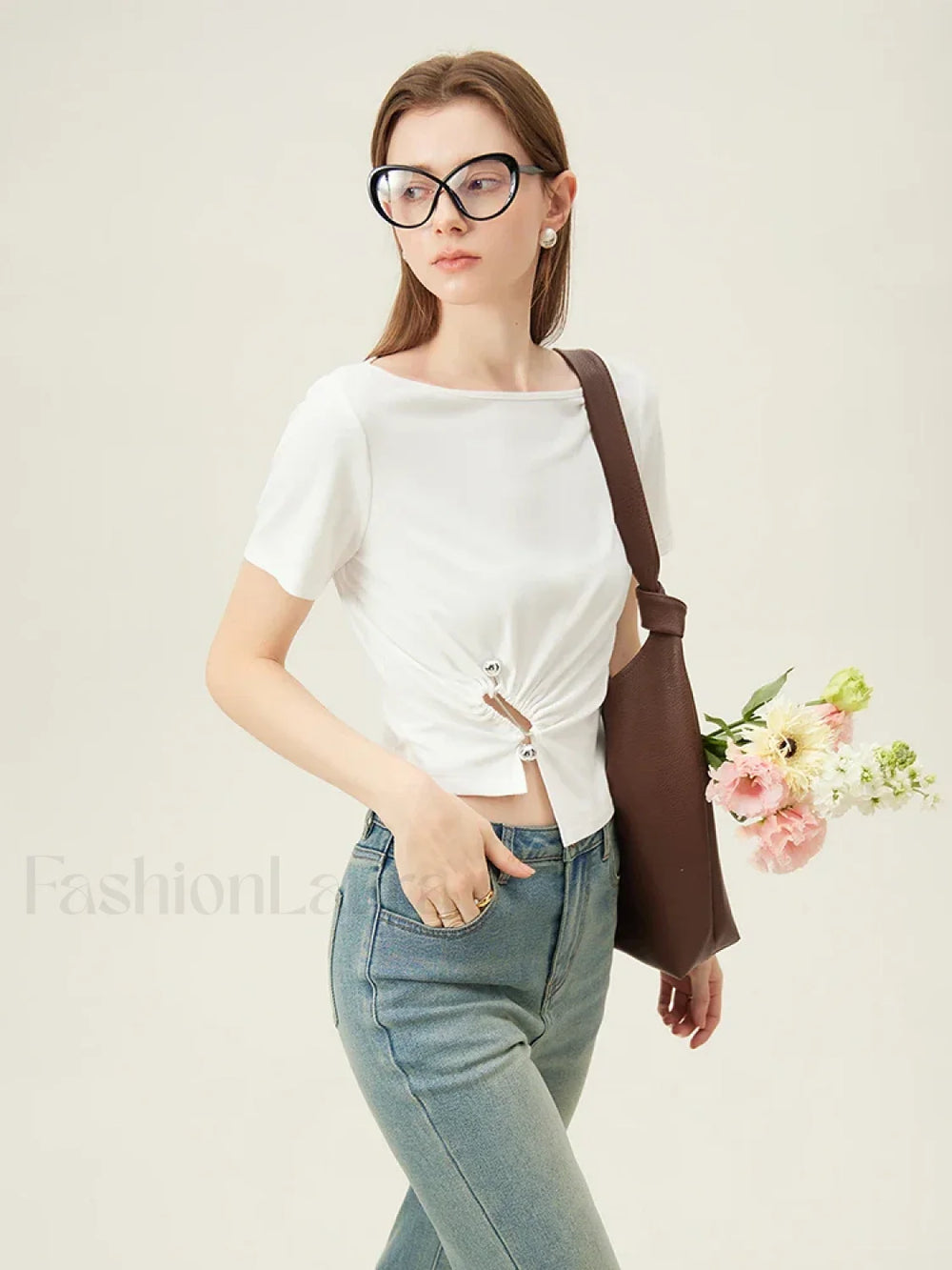 One Shoulder Twisted Waist Crop T Shirt Beige / S