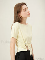 One Shoulder Twisted Waist Crop T Shirt Yellow / S
