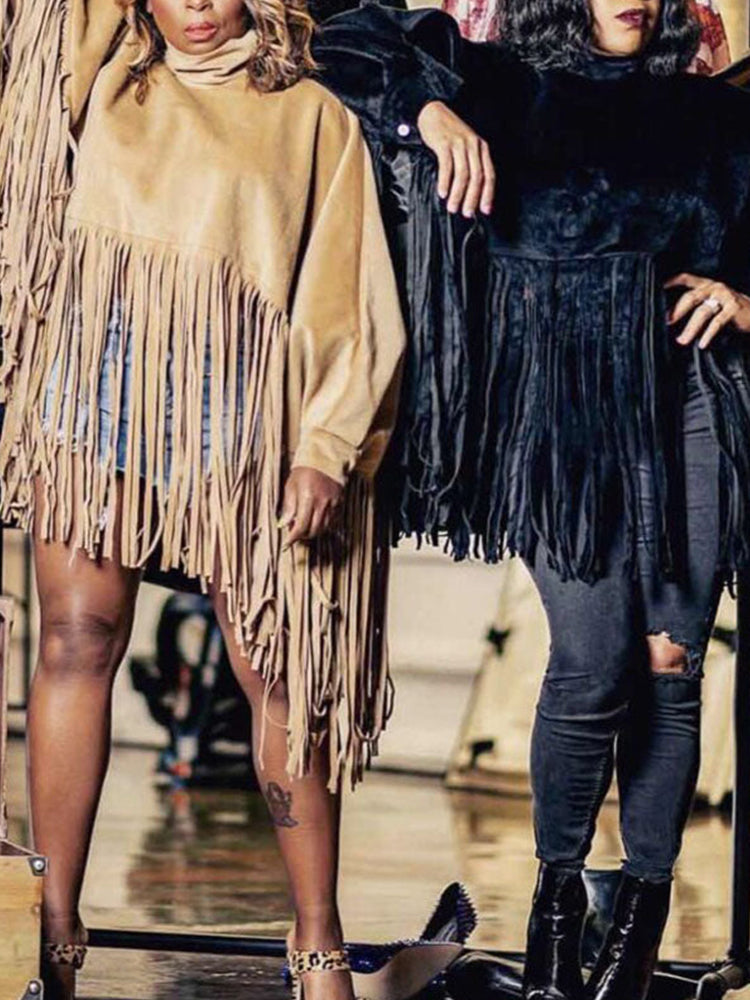 Solid Fringed Suede Top Sweatshirts & Hoodies L
