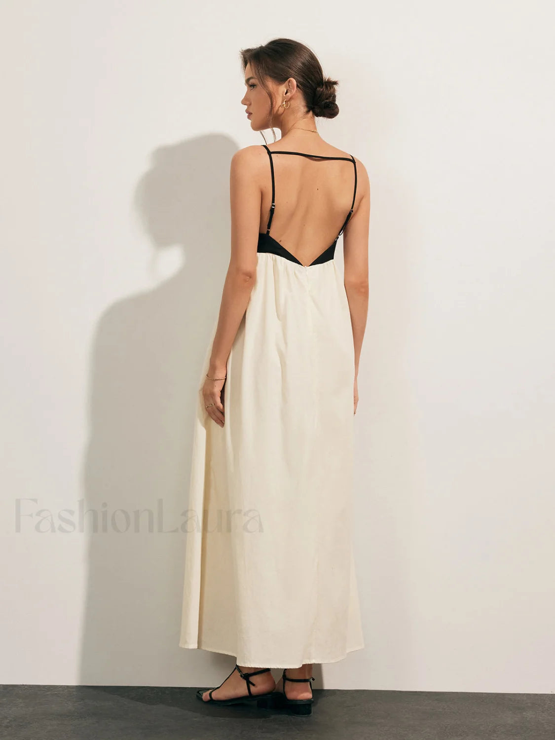 Open Back Contrast Pocket Long Dress Beige / XS Dresses Main image