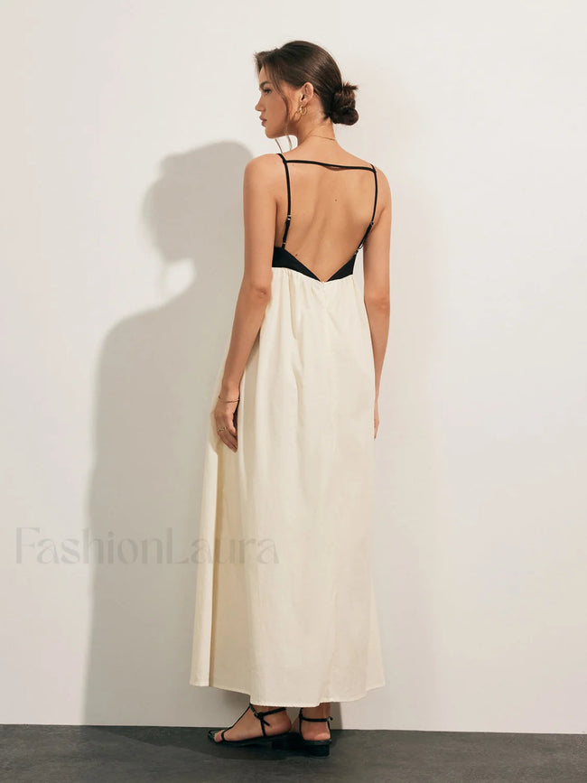 Open Back Contrast Pocket Long Dress Beige / XS Dresses Main image
