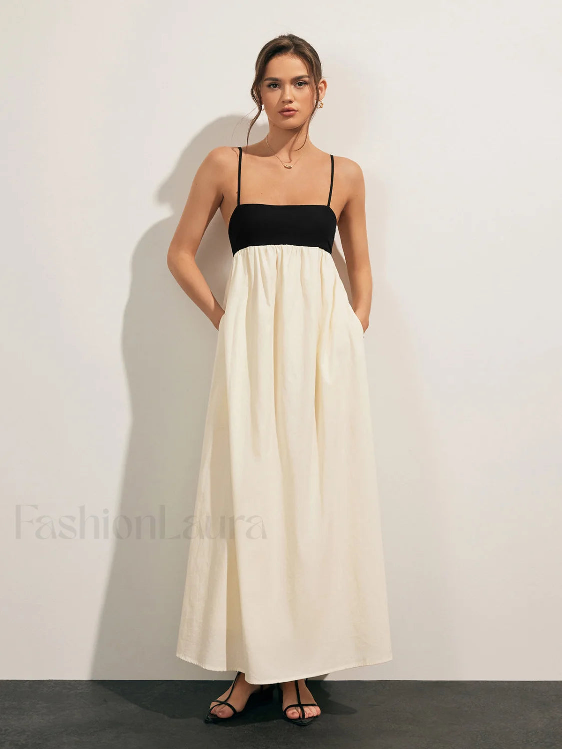 Open Back Contrast Pocket Long Dress Dresses