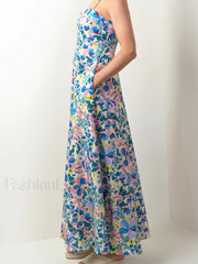 Open Back Floral Zipper Maxi Dress Blue / S