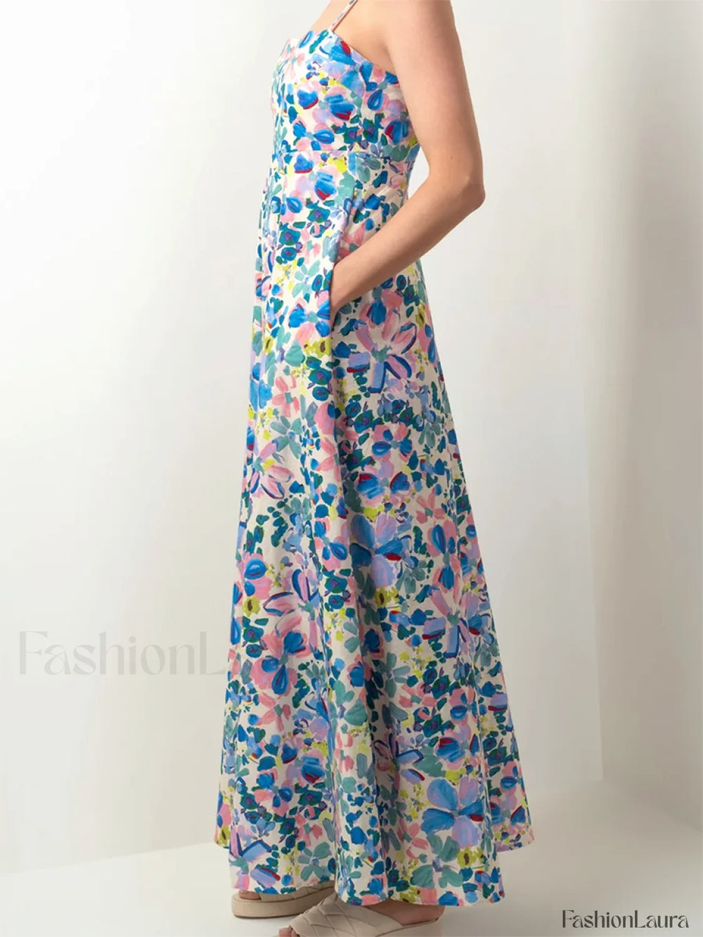 Open Back Floral Zipper Maxi Dress Blue / S