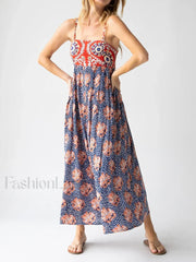 Open Back Floral Zipper Maxi Dress Red / S