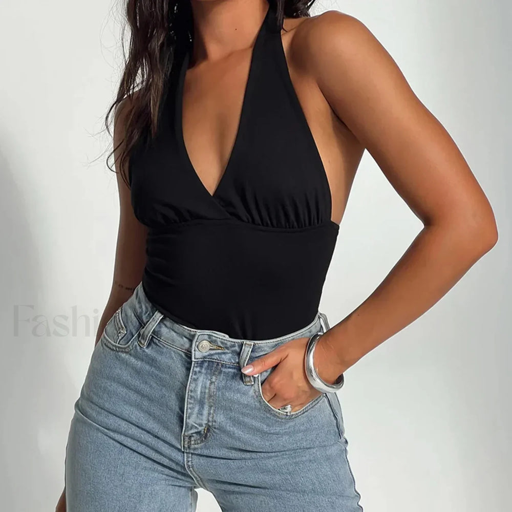 Open Back Solid Halter Crop Top