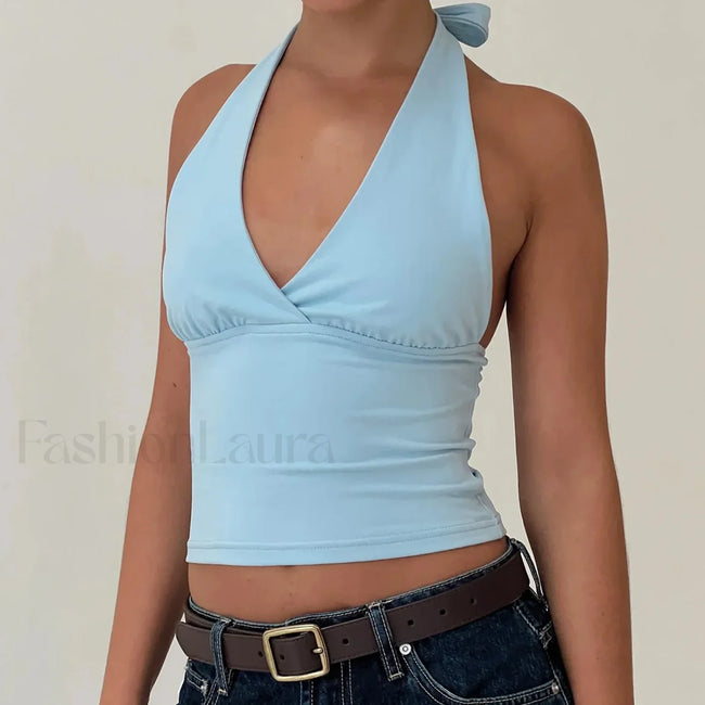 Open Back Solid Halter Crop Top Blue / S Main image