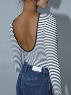 Open Back Stripe Long Sleeve Bodysuit Bodysuits