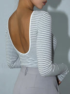 Open Back Stripe Long Sleeve Bodysuit Bodysuits
