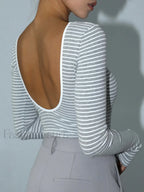 Open Back Stripe Long Sleeve Bodysuit Bodysuits