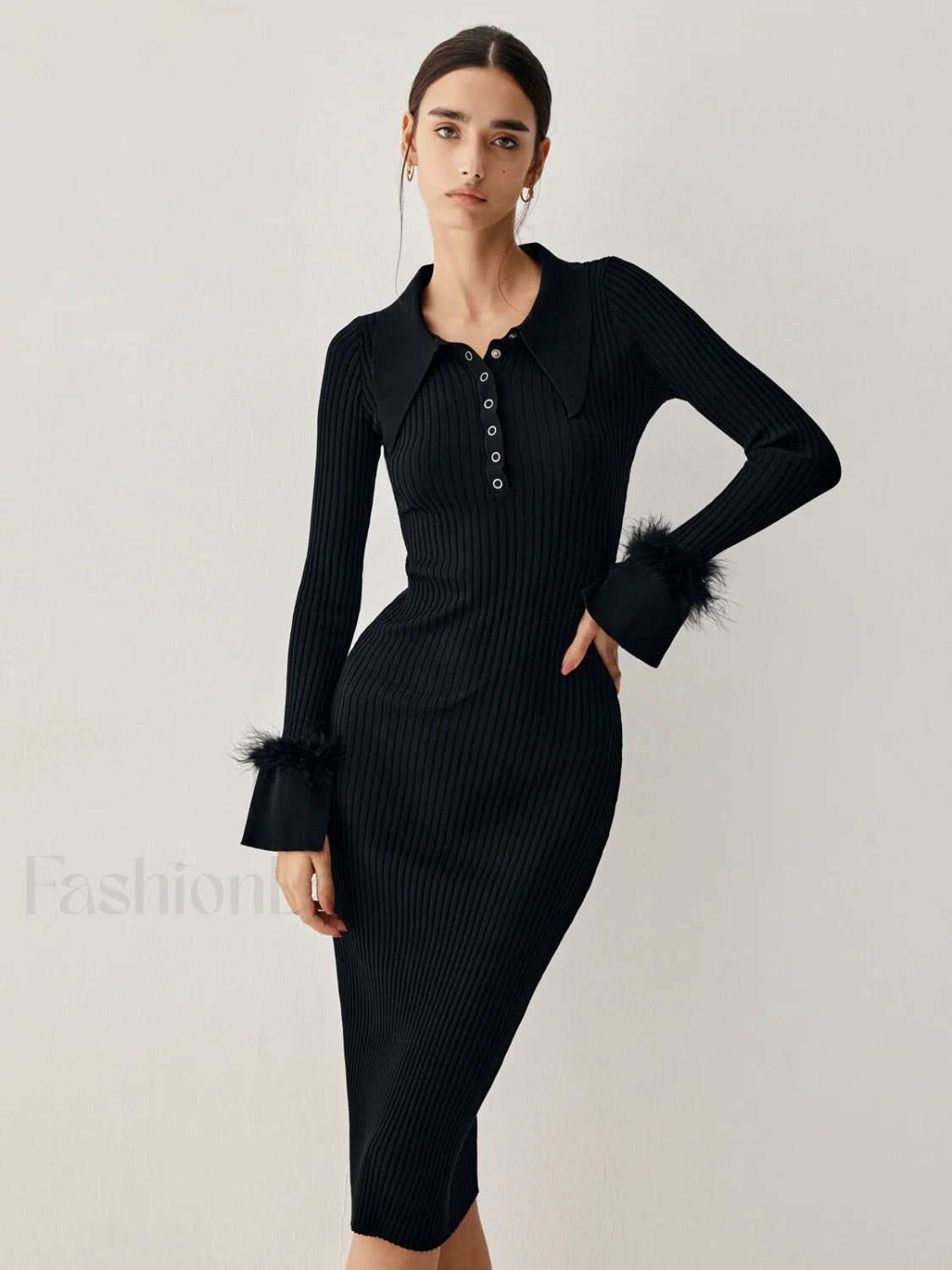 Open Collar Fuzzy Hem Modern Long Sleeve Midi Sweater Dress Black / S Sweaters L Main image