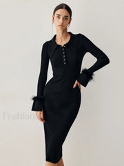 Open Collar Fuzzy Hem Modern Long Sleeve Midi Sweater Dress Black / S Sweaters L