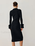 Open Collar Fuzzy Hem Modern Long Sleeve Midi Sweater Dress Sweaters L