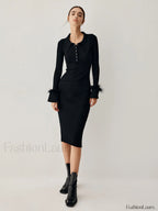 Open Collar Fuzzy Hem Modern Long Sleeve Midi Sweater Dress Sweaters L