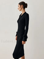 Open Collar Fuzzy Hem Modern Long Sleeve Midi Sweater Dress Sweaters L