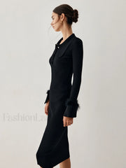 Open Collar Fuzzy Hem Modern Long Sleeve Midi Sweater Dress Sweaters L