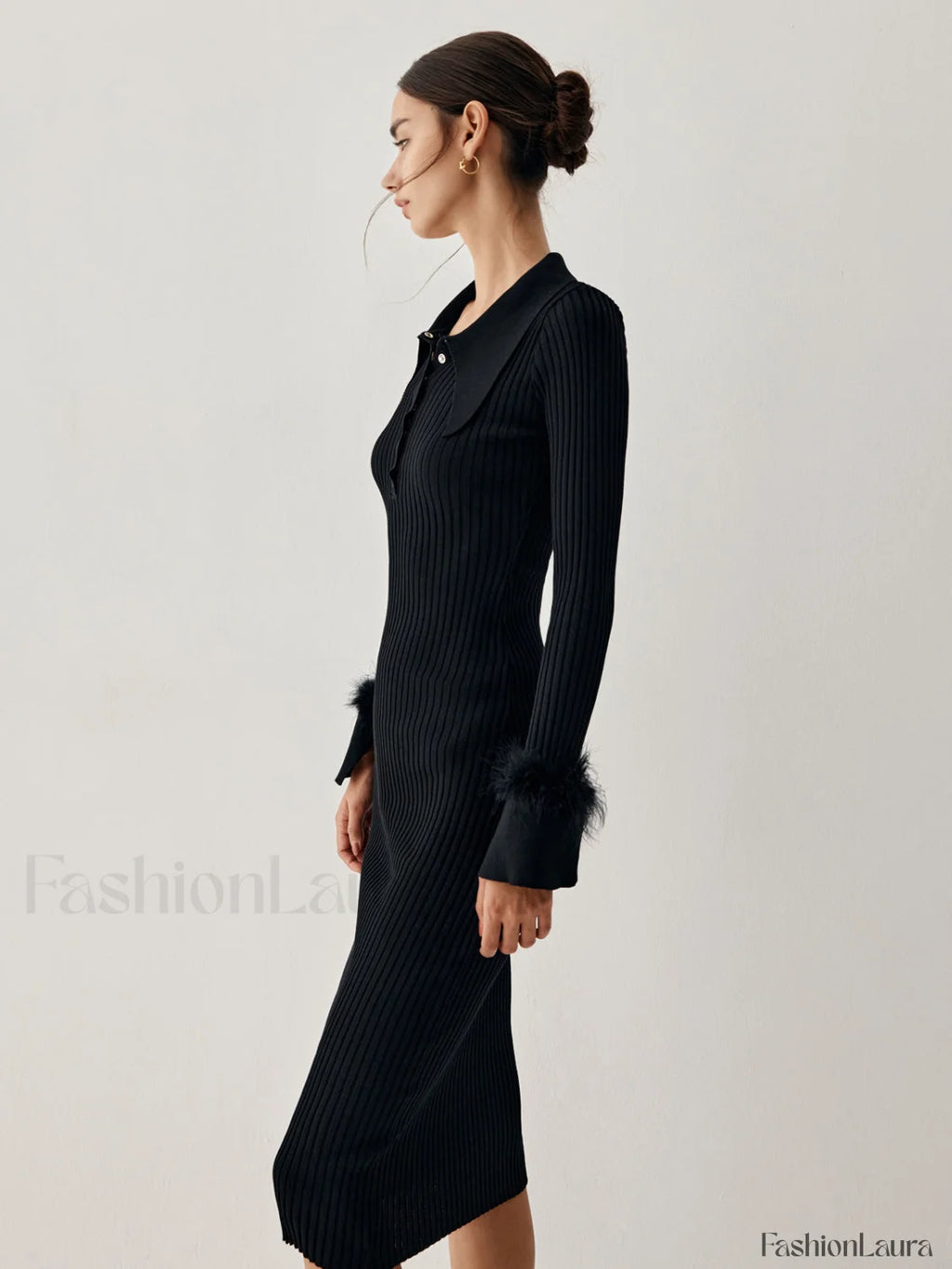 Open Collar Fuzzy Hem Modern Long Sleeve Midi Sweater Dress Sweaters L