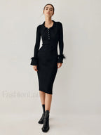 Open Collar Fuzzy Hem Modern Long Sleeve Midi Sweater Dress Sweaters L