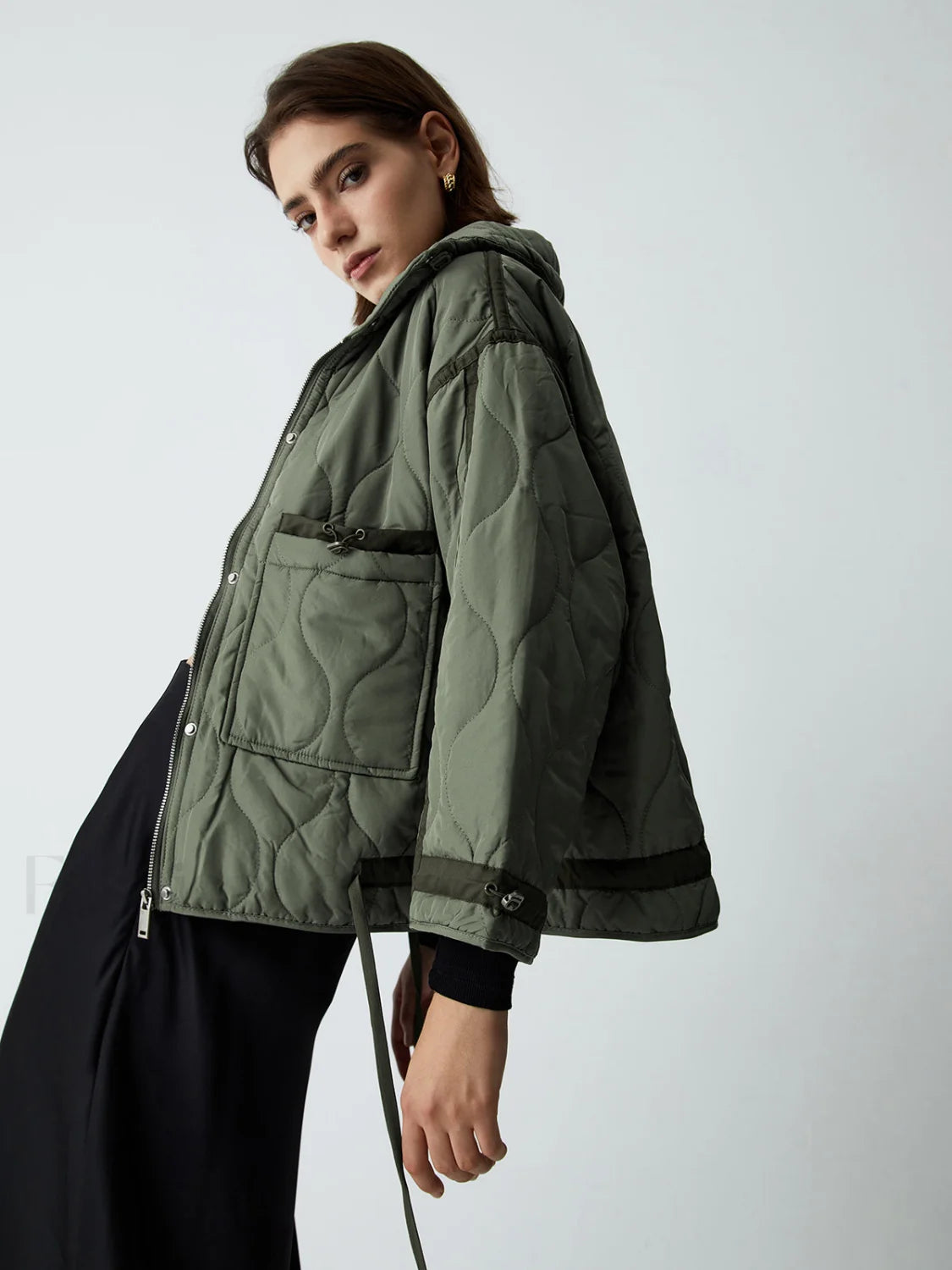 Open Collar Graceful Quilted Coat Green / XS Winter Coats Main image