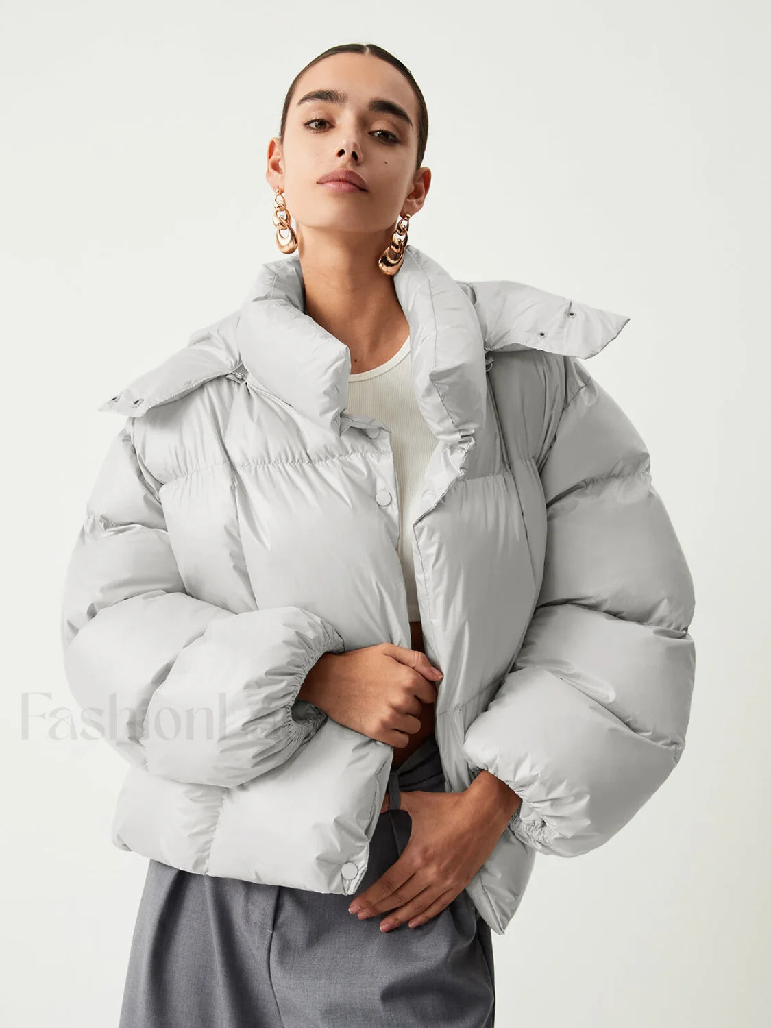 Open Collar Quilted Trendy Hooded Puffer Coat Secondary image