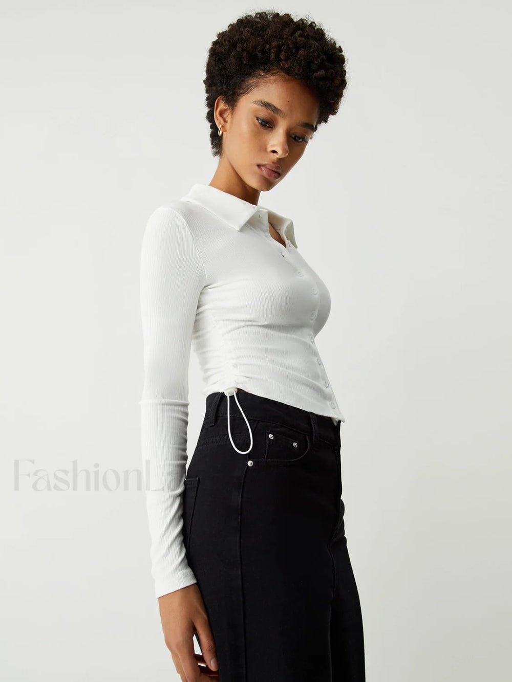 Open Collar Ruched Trendy Long Sleeve Shirt T Shirts