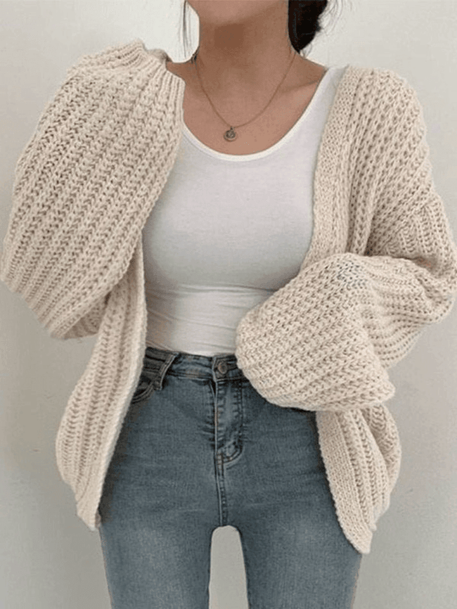 Open Front Long Sleeve Knit Cardigan Beige / ONE SIZE Sweaters Main image