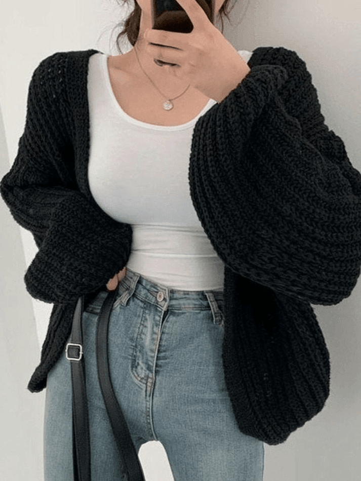 Open Front Long Sleeve Knit Cardigan Black / ONE SIZE Sweaters