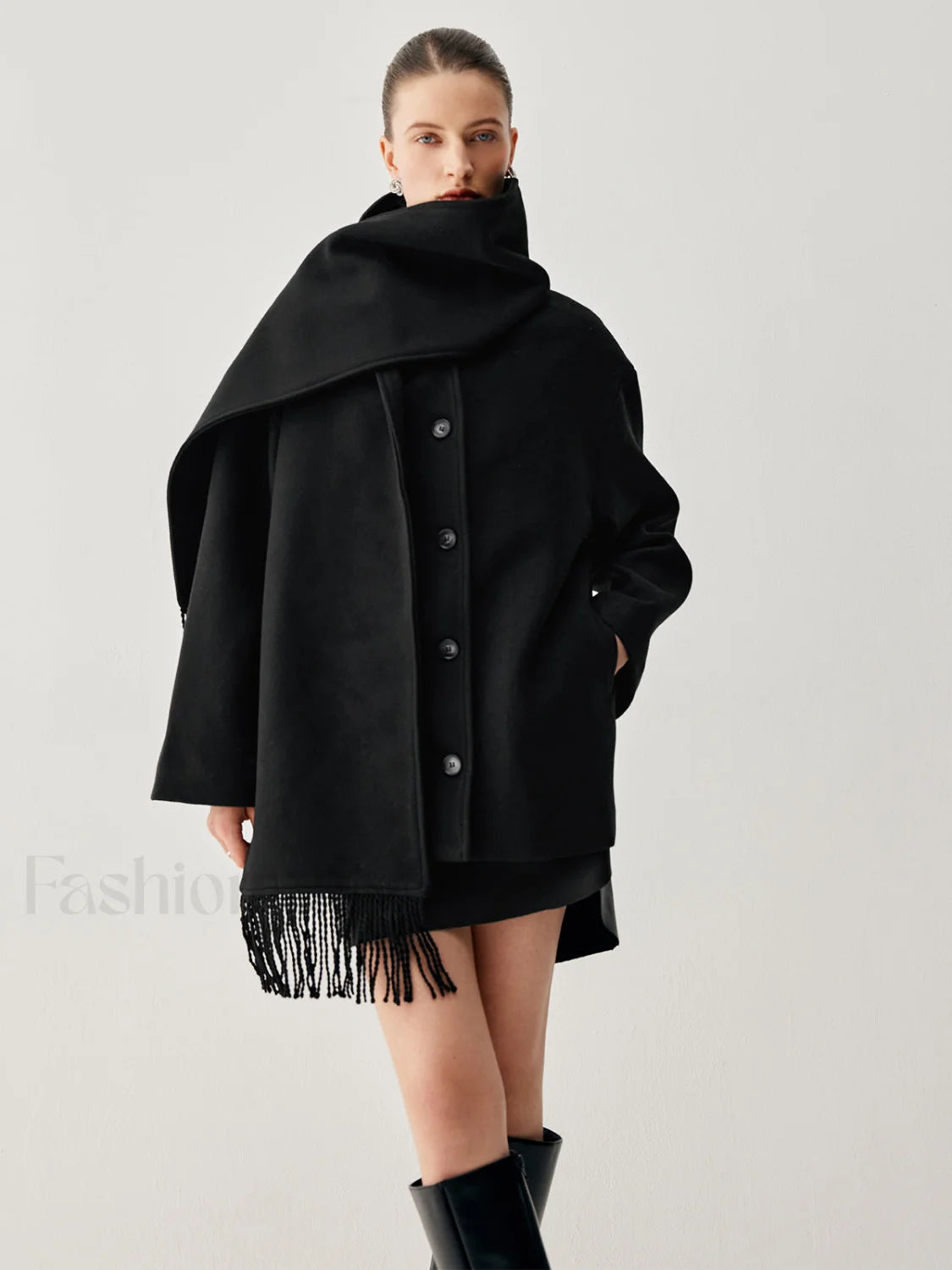 Oversized Button down Wool Coat Modern with Matching Fringed Scarf Black / XS Wool Coats Main image