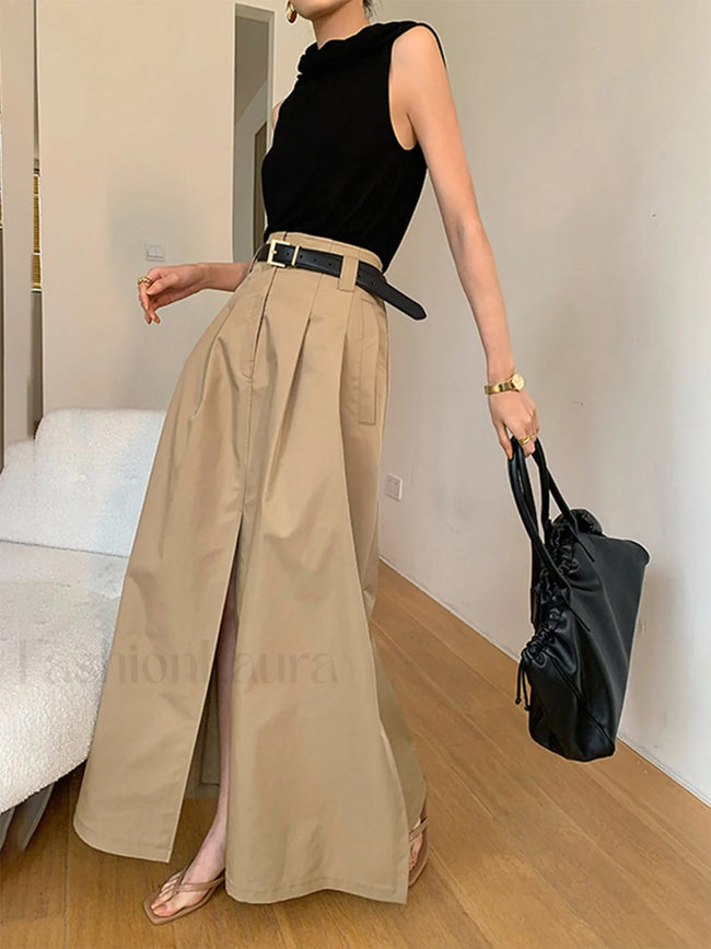 Oversized Cotton Split Maxi Skirt Without Belt Khaki / XS Skirts Main image