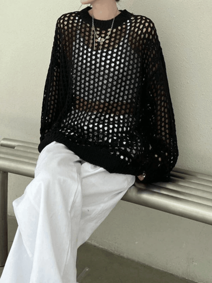 Crochet Open Knit Top Black / S Sweaters