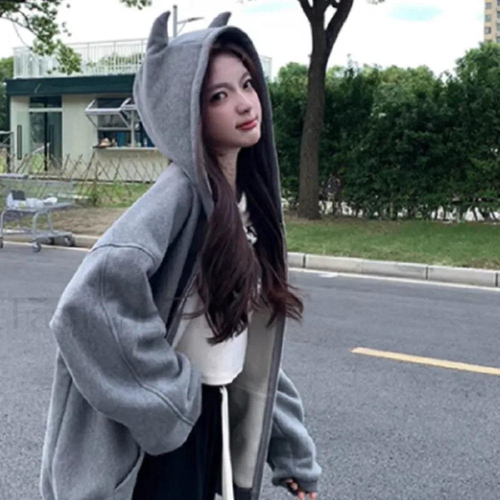 Oversized Harajuku Pure Color Open Zipper Long Sleeve Casual Hoody GRAY / S Sweatshirts & Hoodies L