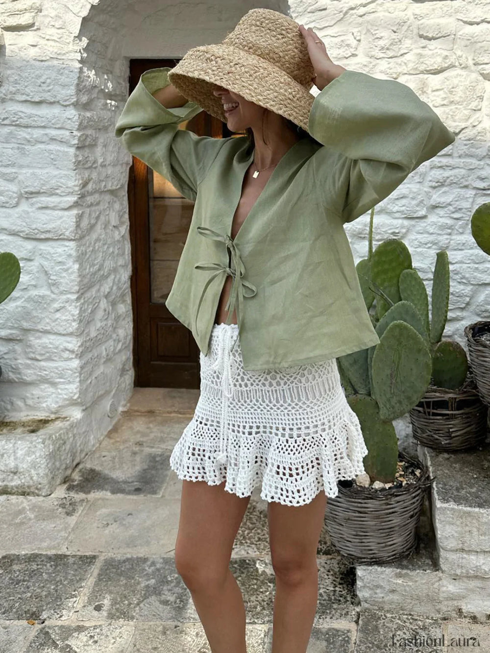 Oversized Long Tie Front Sleeve Blouse Blouses