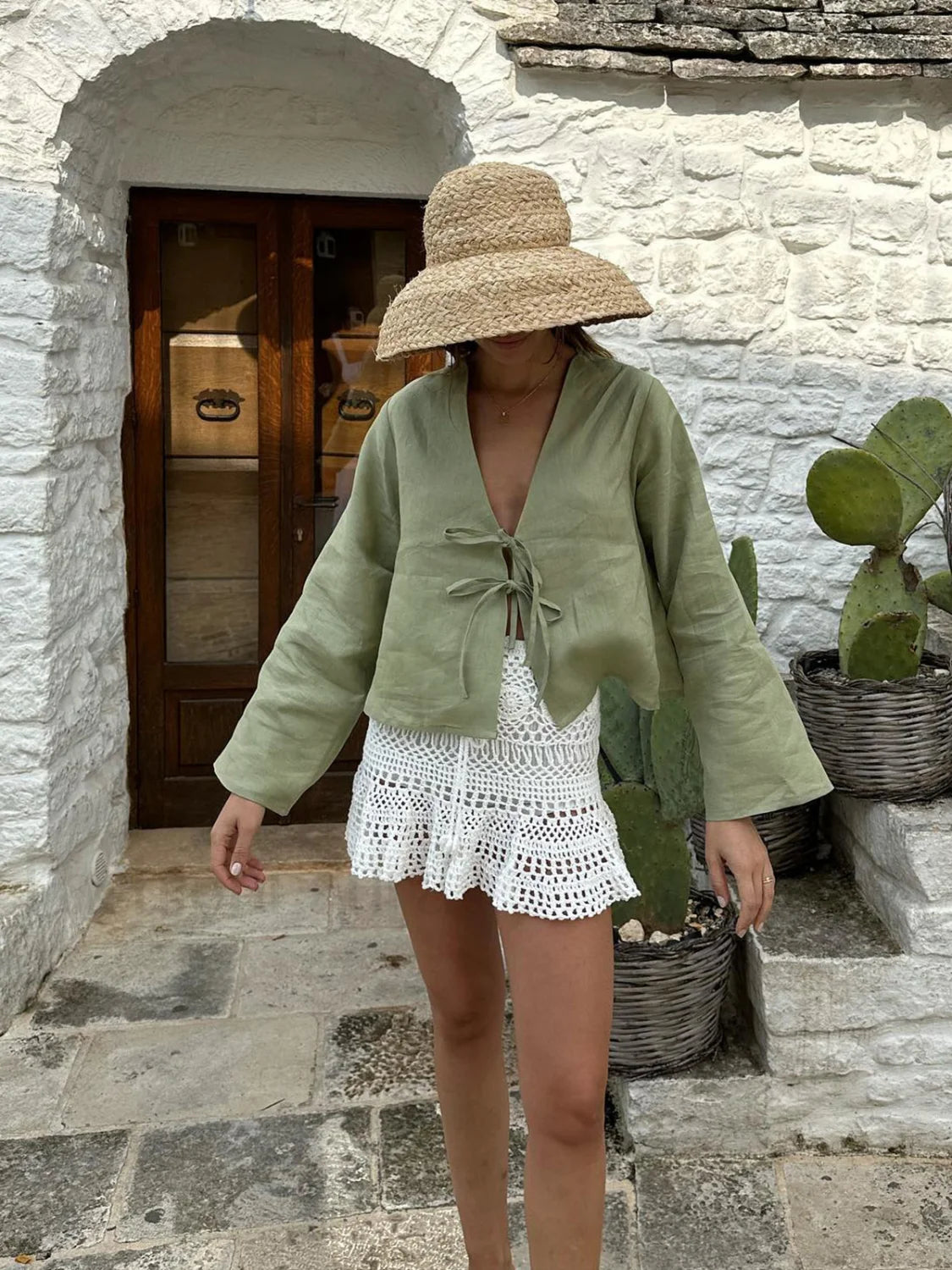 Oversized Long Tie Front Sleeve Blouse Blouses