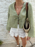 Oversized Long Tie Front Sleeve Blouse Blouses