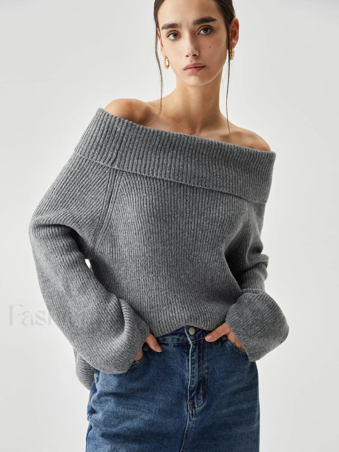 Oversized Overfold Off Shoulder Knit Sweater Grey / XS Sweaters Main image