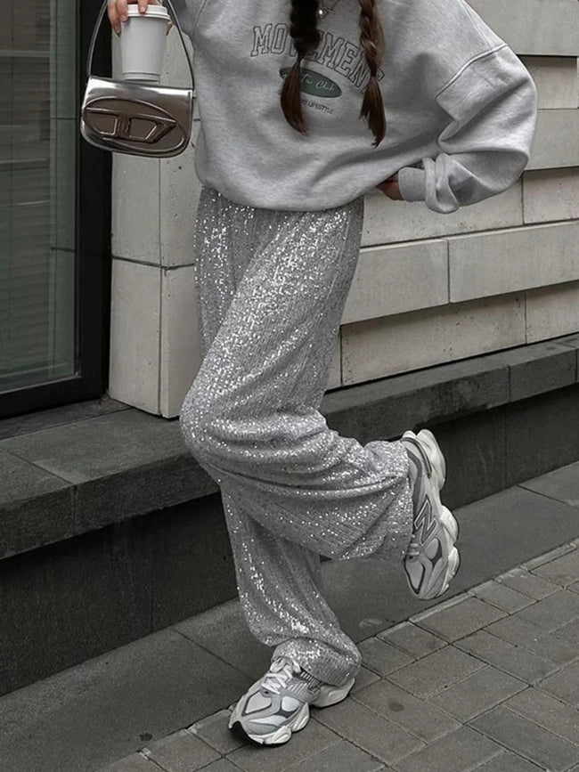 Oversized Sequin Graceful Straight Leg Pants Silver / XS Pants Main image