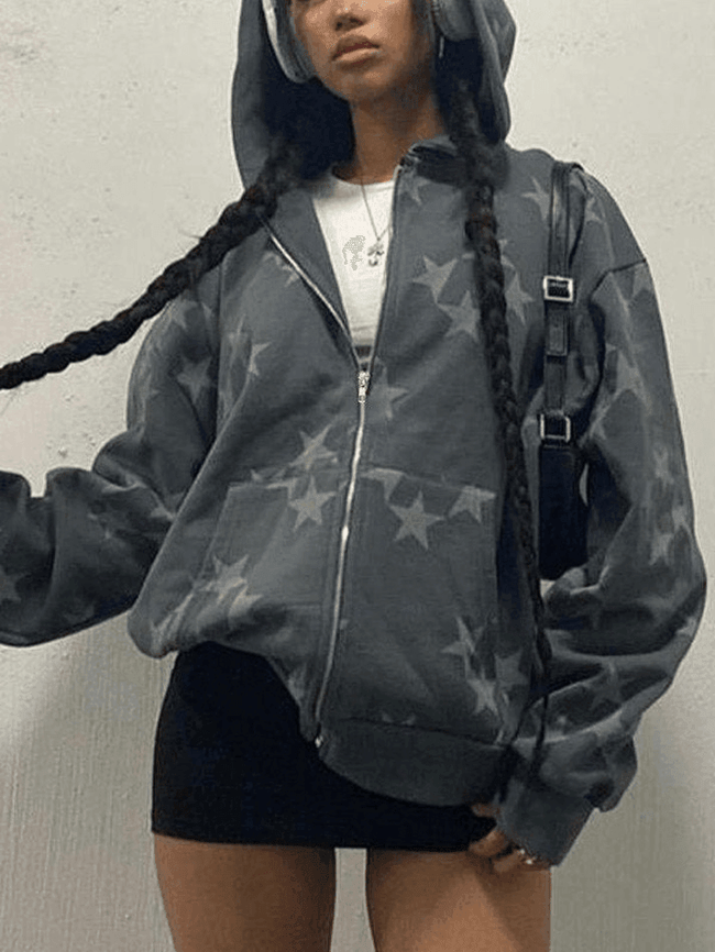 Star Print Zip Up Hoodie Gray / S Sweatshirts & Hoodies L Main image