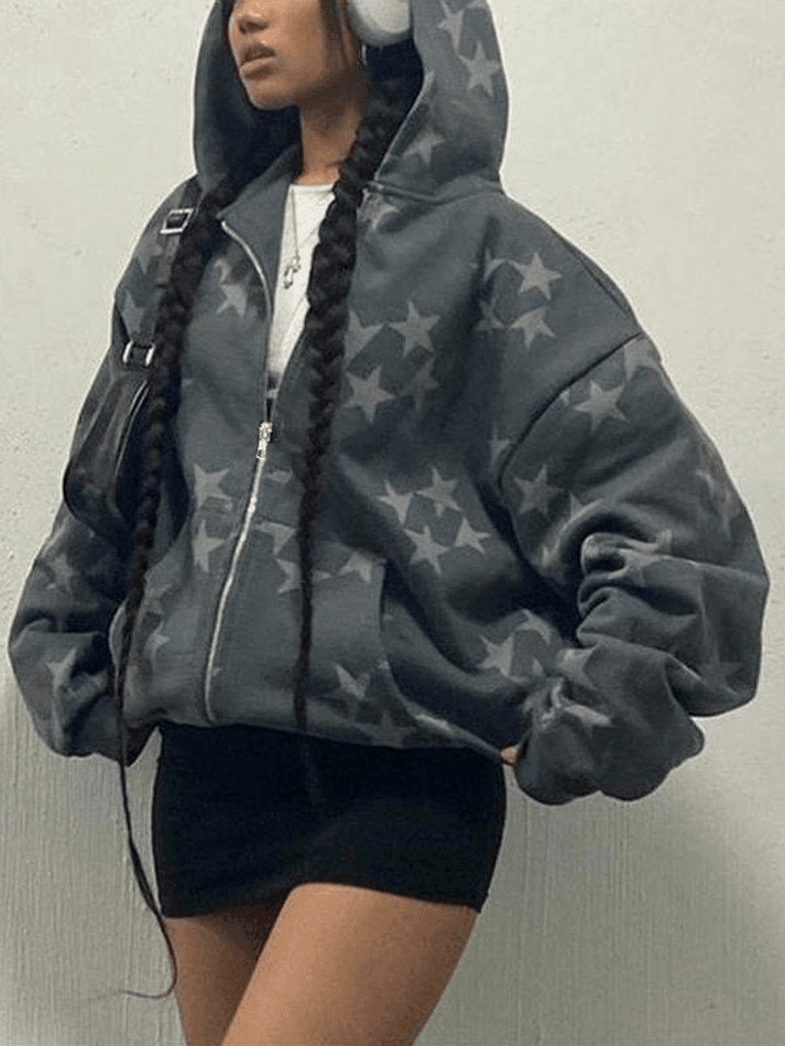 Star Print Zip Up Hoodie Sweatshirts & Hoodies L