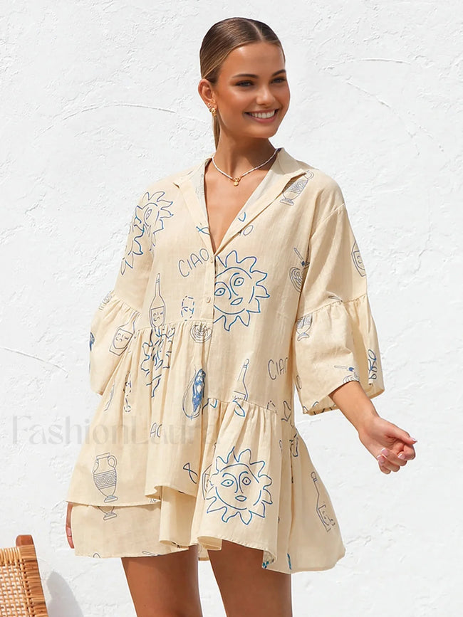 Oversized Sun Print Short Dress Apricot / XS Dresses Main image