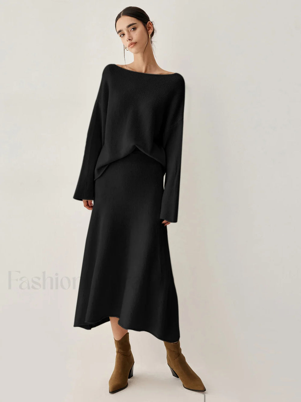 Oversized Sweater Two Trendy Piece Skirt Set Black / XS Sweaters L