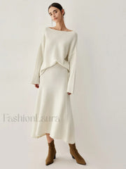 Oversized Sweater Two Trendy Piece Skirt Set Off White / XS Sweaters L