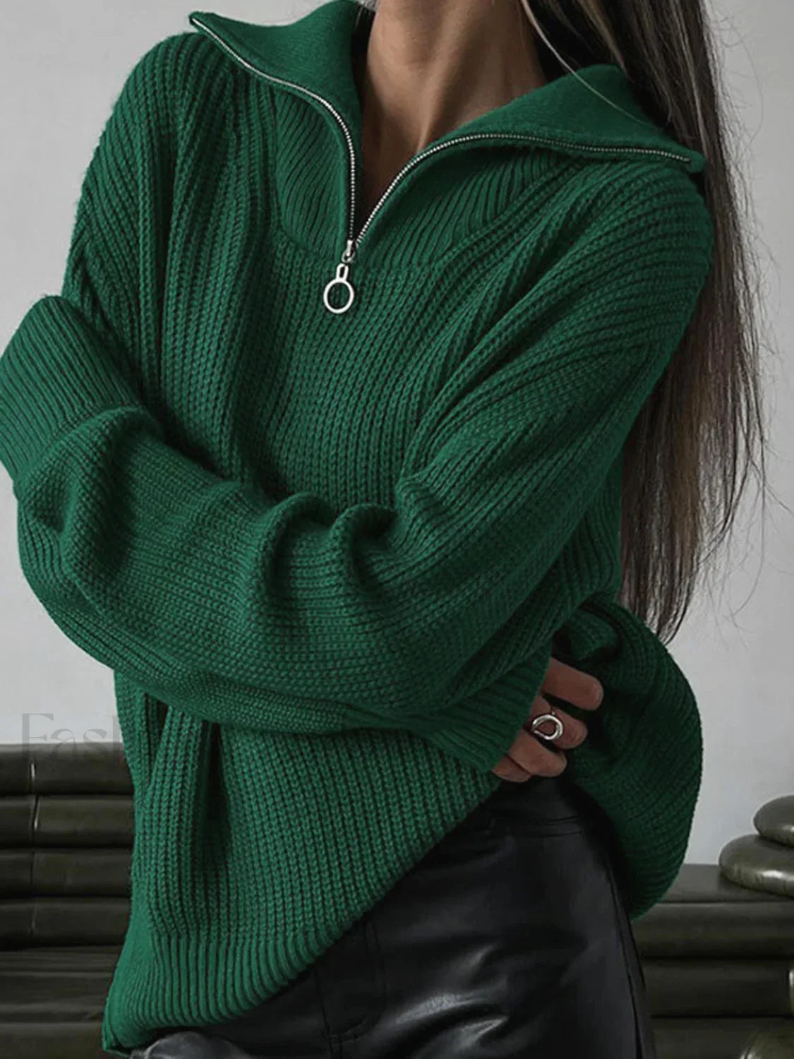Oversized Utility Graceful Zippered Sweater Dark Green / S Sweaters L Main image