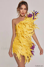 Paislee Asymmetric Stylish Feather Mini Dress XS / Yellow