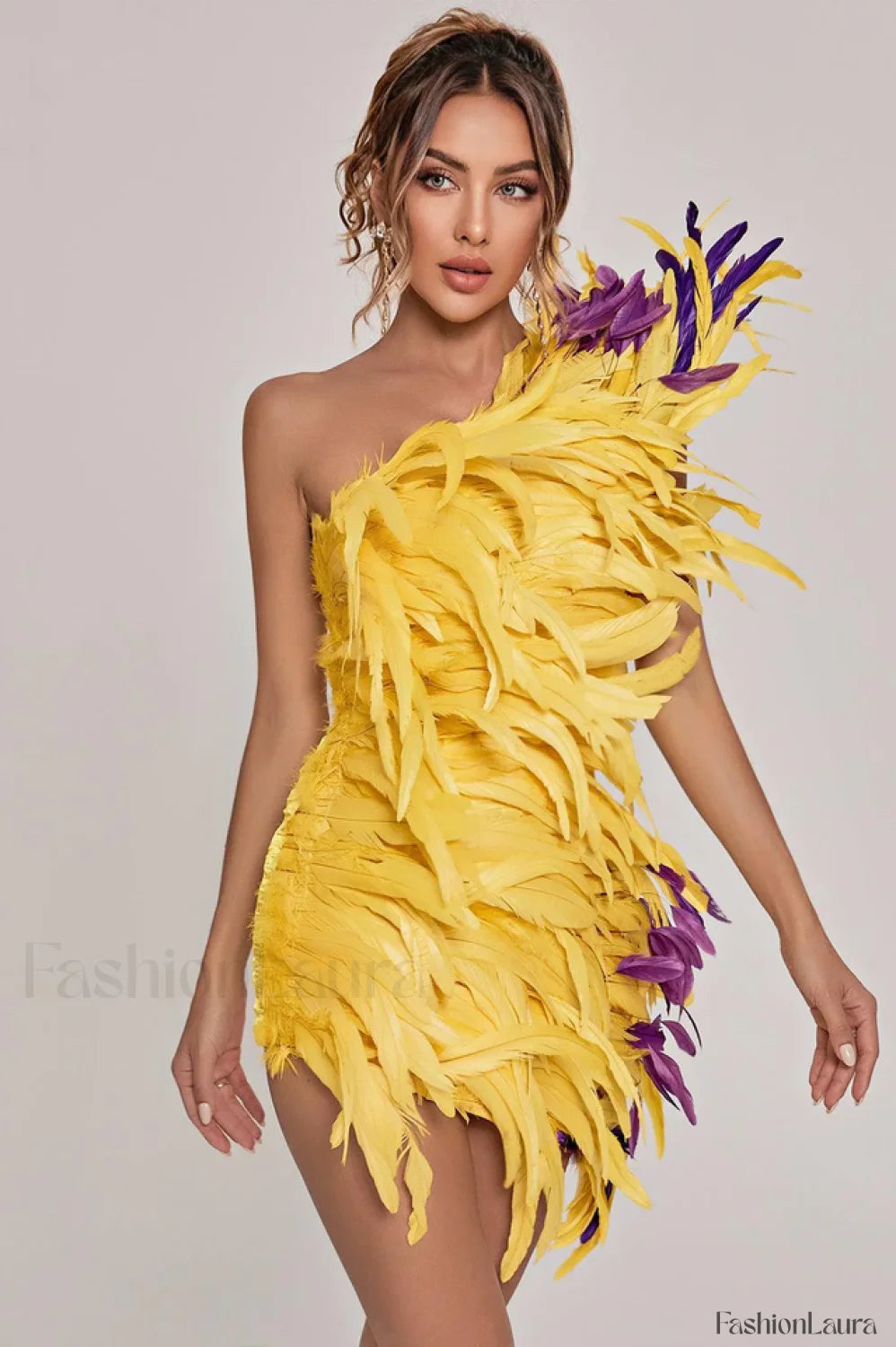 Paislee Asymmetric Stylish Feather Mini Dress XS / Yellow