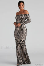 Paityn Formal Off Charming Shoulder Sequin Dress S / Black